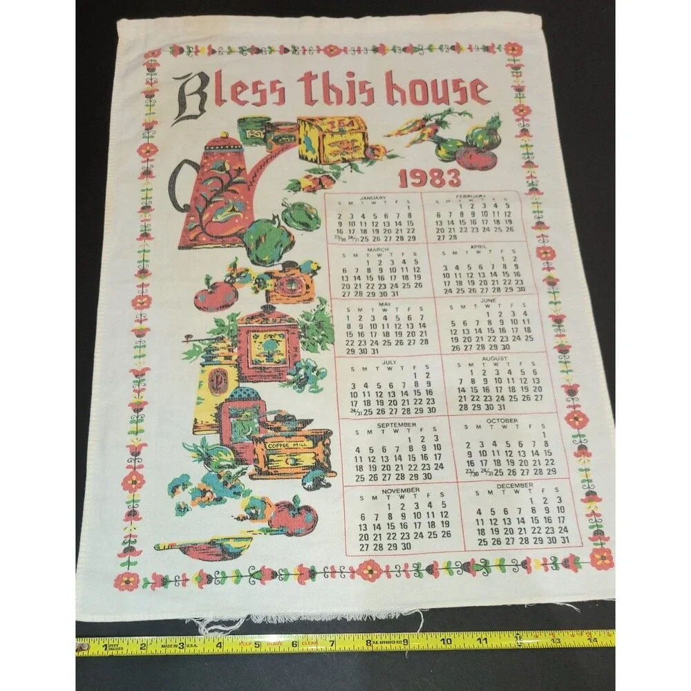 Vintage 1983 Calendar Tea Towel Bless This House colorful well loved